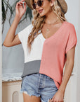 Color Block V-Neck Short Sleeve Knit Top