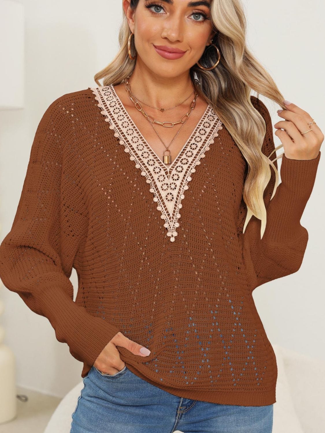 Saddle Brown Lace Detail V-Neck Long Sleeve Sweater