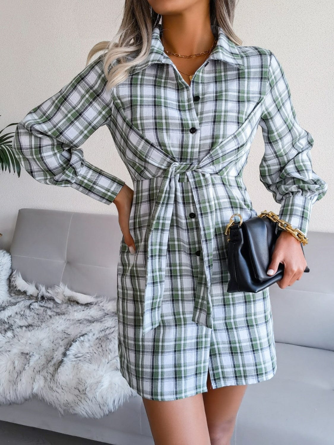 Gray Tied Plaid Long Sleeve Mini Shirt Dress