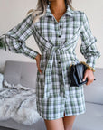 Gray Tied Plaid Long Sleeve Mini Shirt Dress