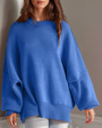 Double Take Side Slit Round Neck Long Sleeve Sweater