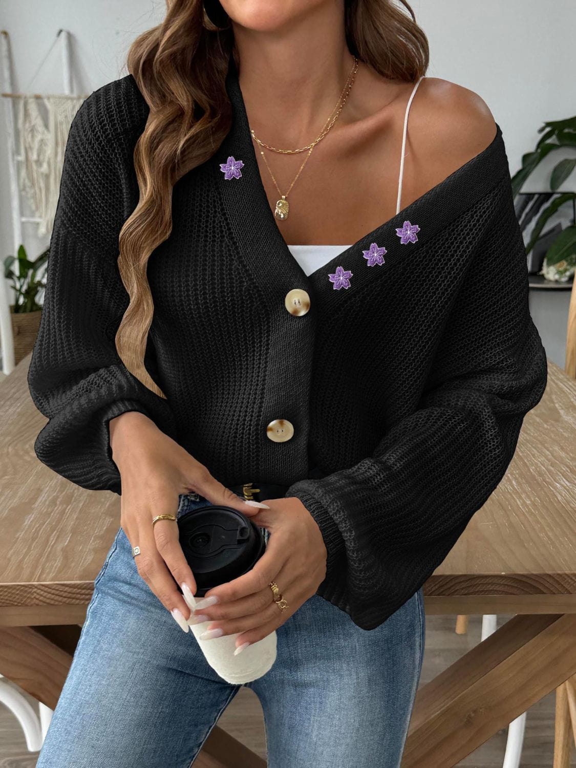 Dark Slate Gray V-Neck Button Up Long Sleeve Cardigan