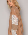 Gray POL V-Neck Lace Balloon Sleeve Exposed Seam Top