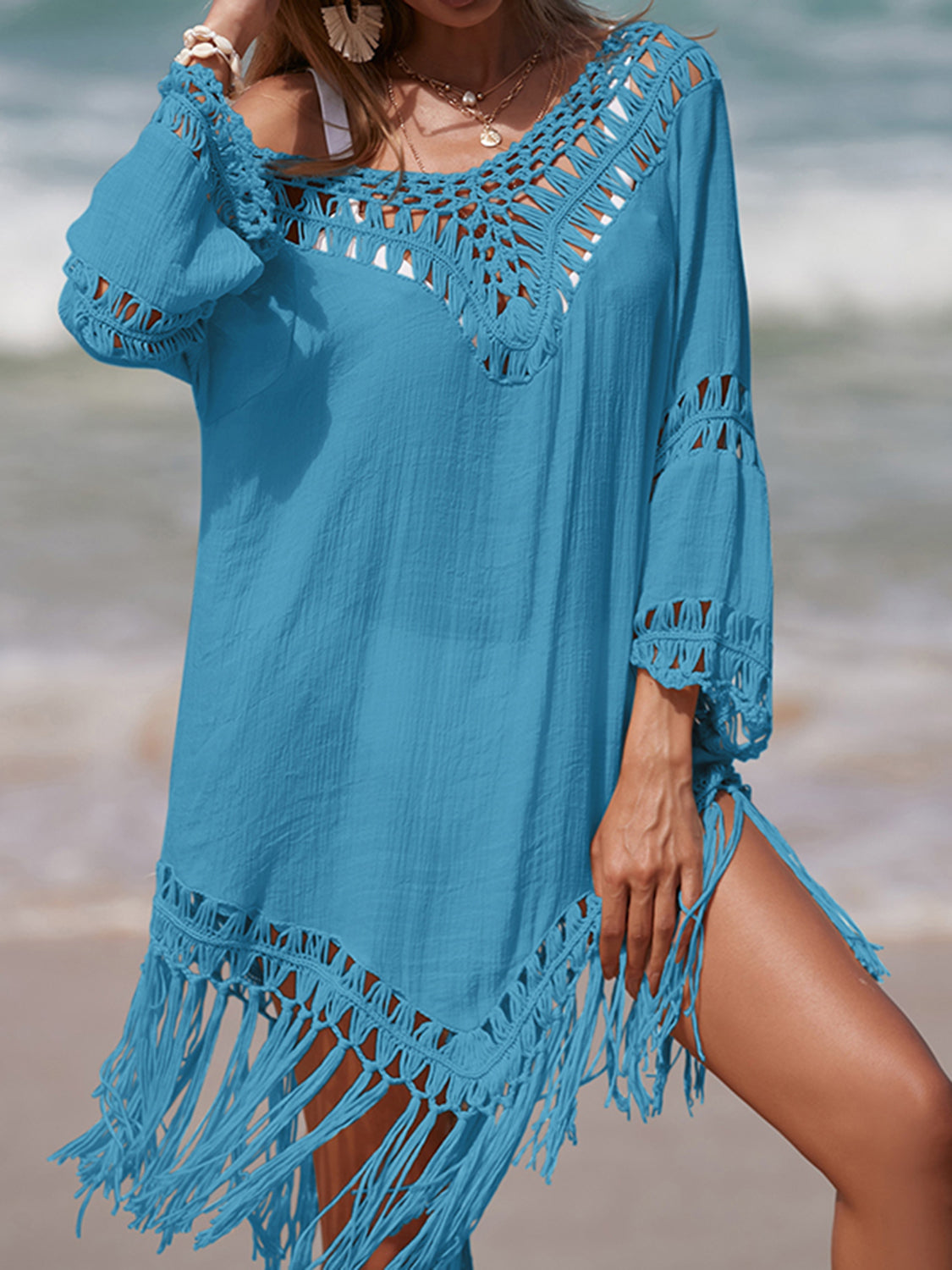 Cadet Blue Cutout Fringe Scoop Neck Cover-Up Sentient Beauty Fashions Apparel &amp; Accessories