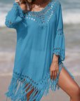Cadet Blue Cutout Fringe Scoop Neck Cover-Up Sentient Beauty Fashions Apparel & Accessories