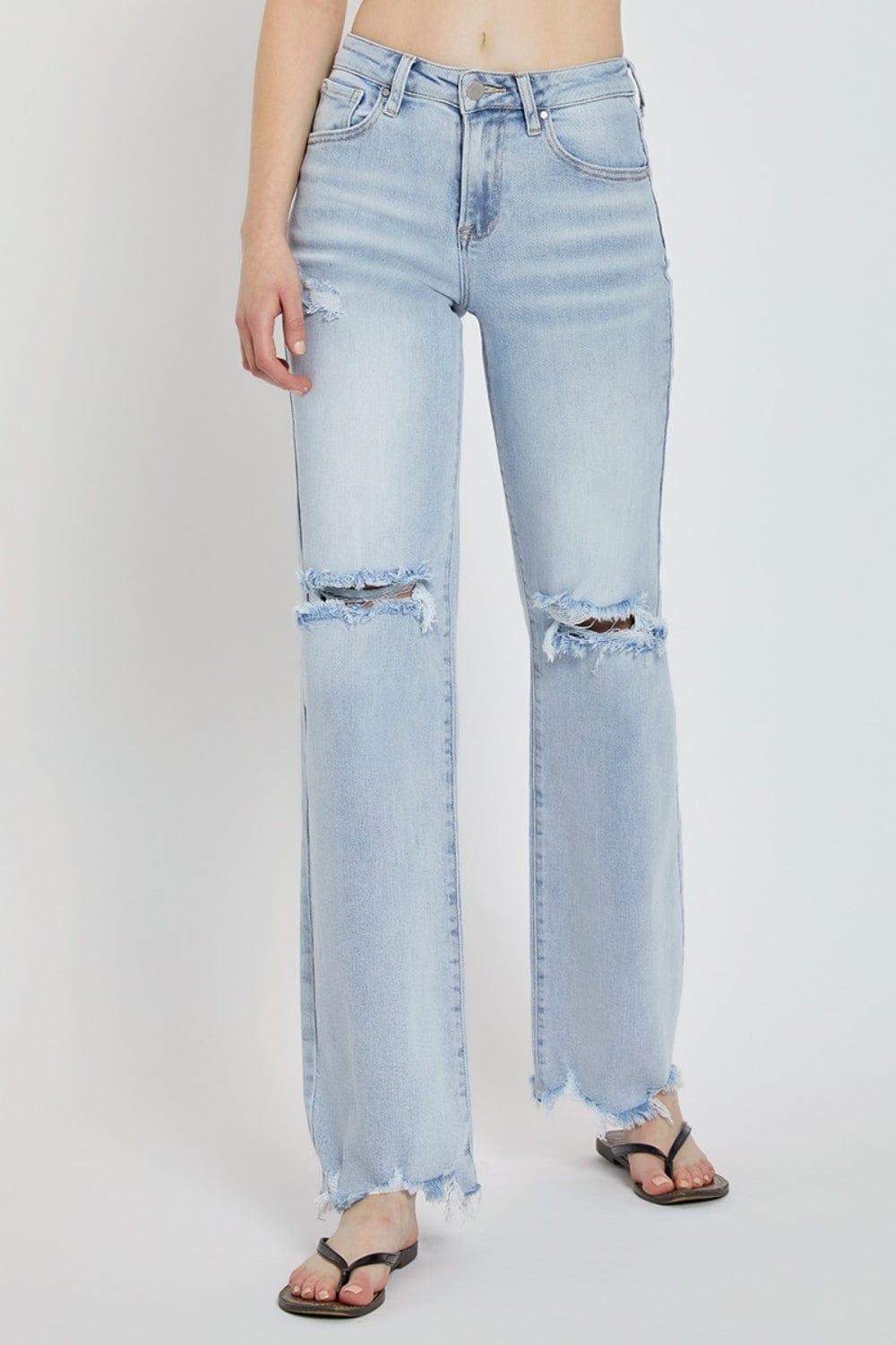 Light Gray Risen Full Size High Rise Distressed Wide Leg Jeans