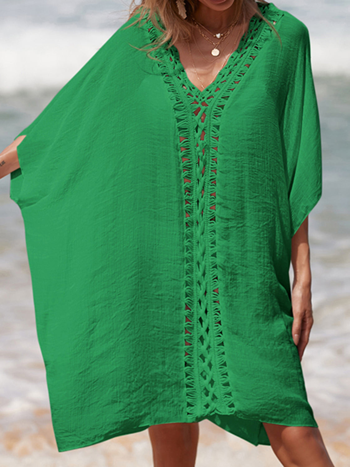 Sea Green Cutout V-Neck Three-Quarter Sleeve Cover Up Sentient Beauty Fashions Apparel &amp; Accessories