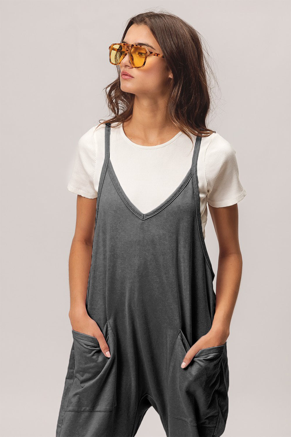 Dark Slate Gray BiBi Washed Sleeveless Overalls with Front Pockets Sentient Beauty Fashions Apparel & Accessories