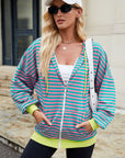 Drawstring Striped Zip Up Long Sleeve Hoodie