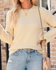 Slit Cuff Round Neck Long Sleeve Sweater