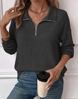 Double Take Striped Half Zip Long Sleeve T-Shirt