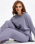 Basic Bae Slit Round Neck Long Sleeve Top and Drawstring Pants Sweater Set