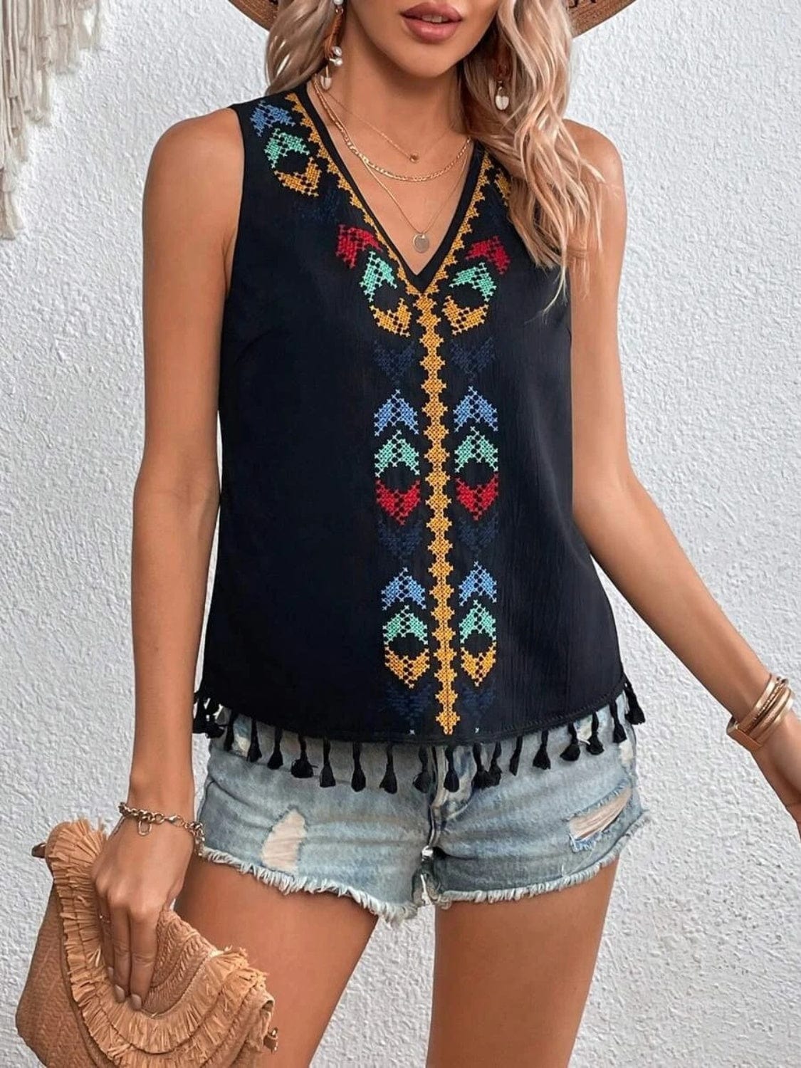 Gray Tassel Printed V-Neck Tank