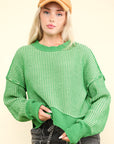 VERY J Exposed Seam Cropped Striped Slit Sweater