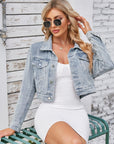 Pocketed Button Up Dropped Shoulder Denim Jacket