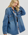 RISEN Full Size Snap Down Long Sleeve Denim Shacket