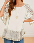 Light Gray Full Size Frill Printed Round Neck Half Sleeve Blouse