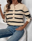 Perfee Striped Half Button Long Sleeve Sweater