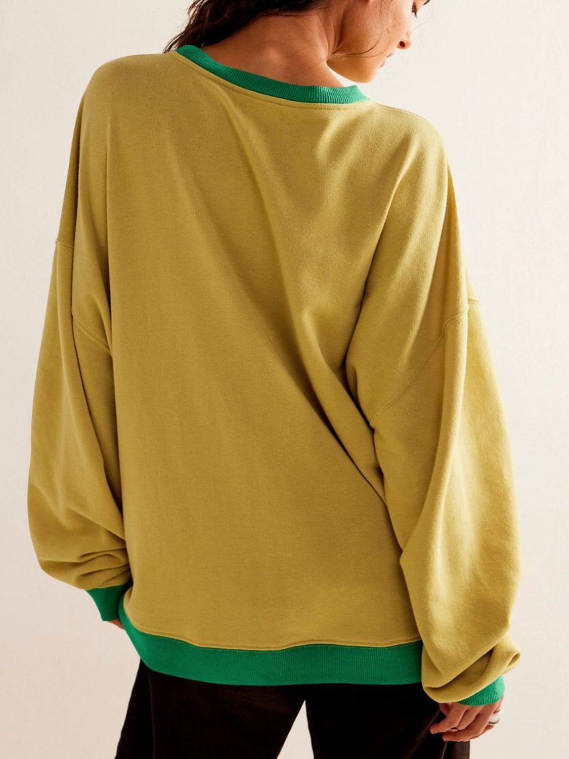 Dark Goldenrod Contrast Trim Round Neck Long Sleeve Sweatshirt