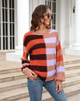 Angel Wings Round Neck Long Sleeve Color Block Dropped Shoulder Pullover Sweater