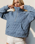 Double Take Half Zip Long Sleeve Quilted Sweatshirt with Pocket