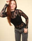 VERY J Mock Neck Fitted Sheer Mesh Lace Blouse