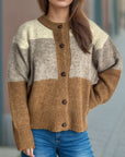 Color Block Round Neck Button Up Cardigan