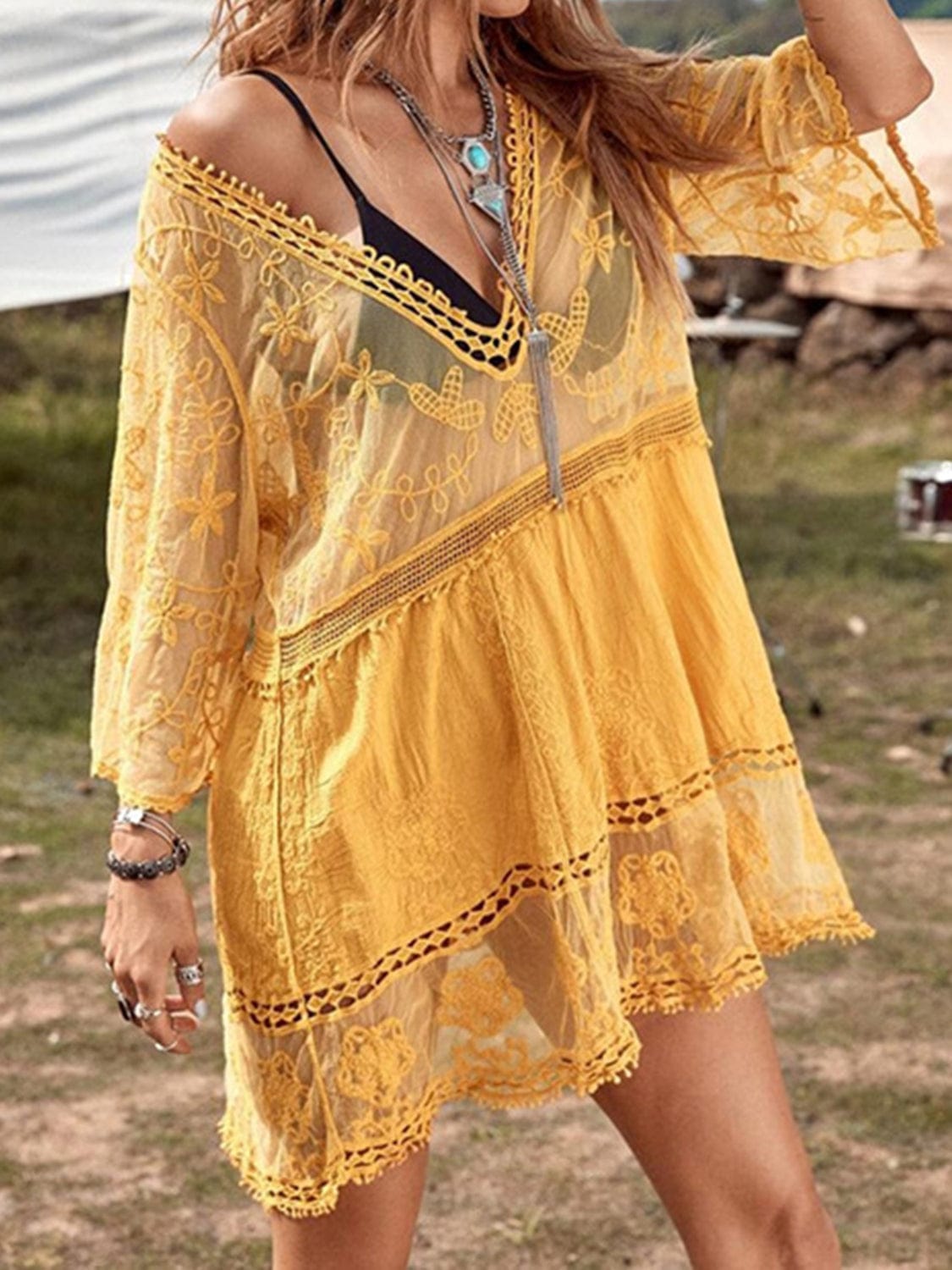 Dark Khaki Lace Detail Plunge Cover-Up Dress