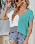 Color Block V-Neck Short Sleeve Knit Top