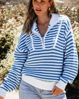 Striped Half Zip Mock Neck Long Sleeve Sweater