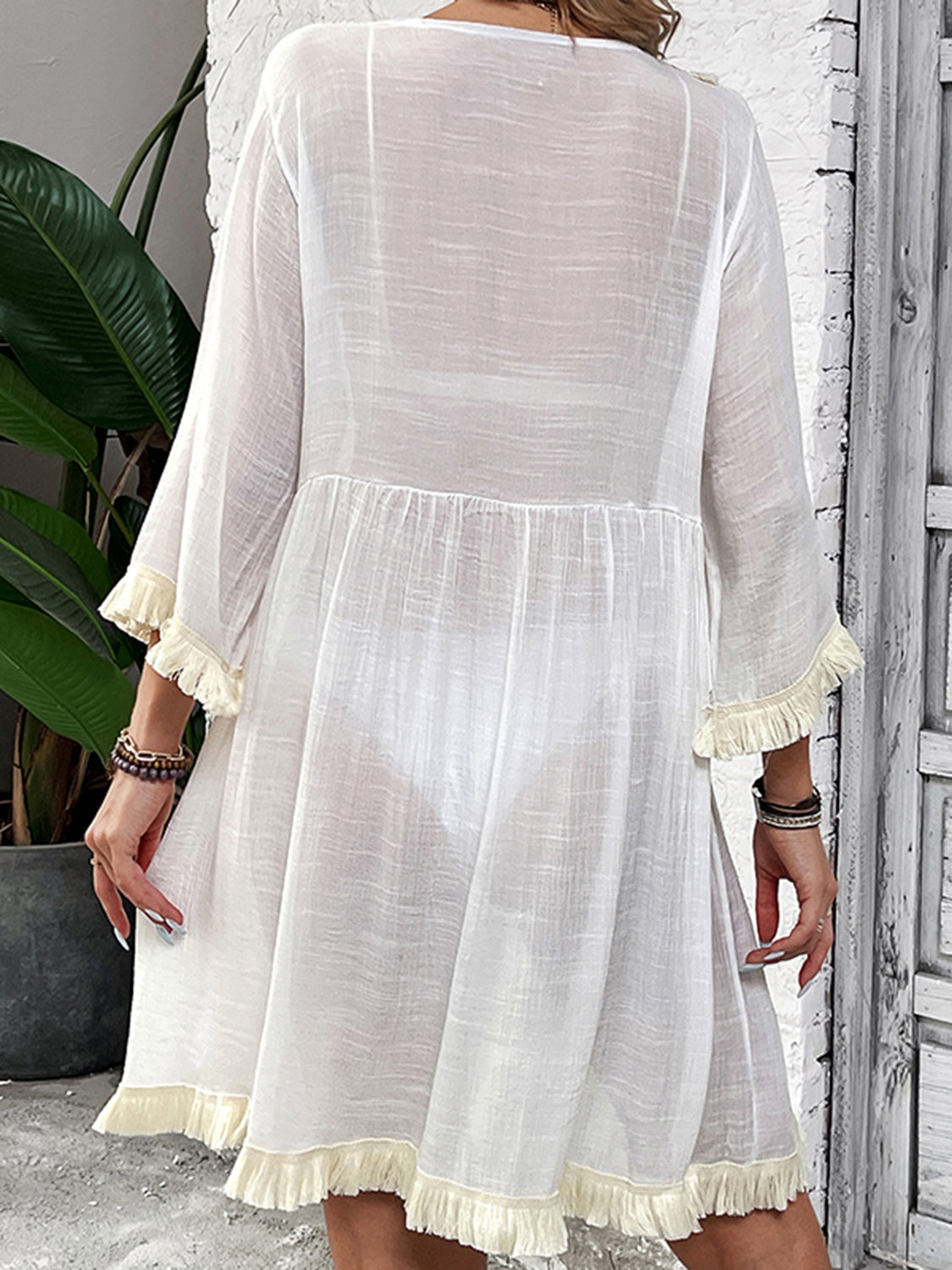 Gray Fringe Tie Neck Three-Quarter Sleeve Cover Up Sentient Beauty Fashions Apaparel &amp; Accessories