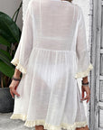 Gray Fringe Tie Neck Three-Quarter Sleeve Cover Up Sentient Beauty Fashions Apaparel & Accessories