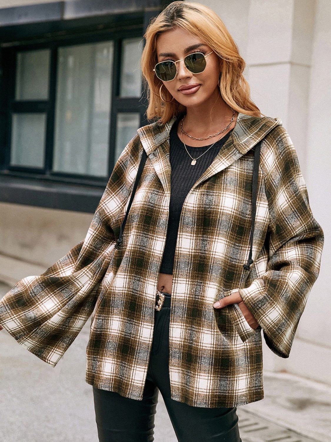 Dark Gray Pocketed Plaid Long Sleeve Hooded Jacket