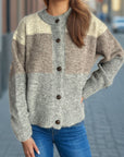 Color Block Round Neck Button Up Cardigan