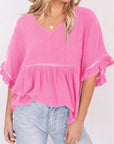 Plum V-Neck Flounce Sleeve Babydoll Blouse