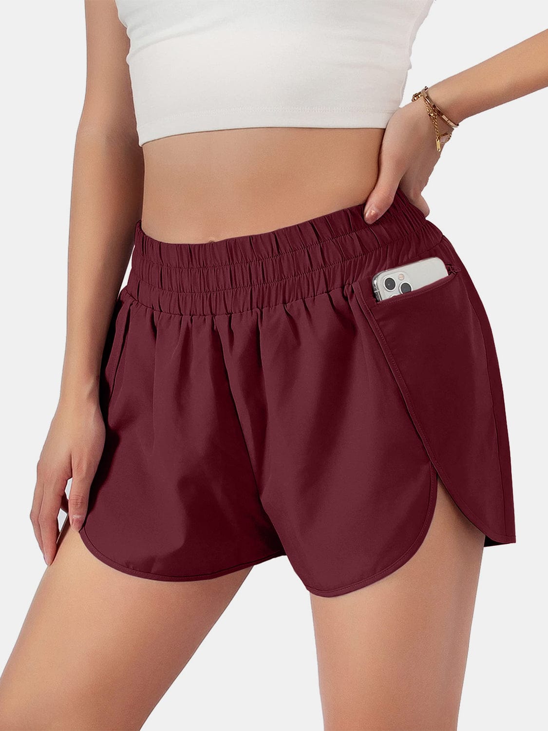 Dark Red Elastic Waist Active Shorts