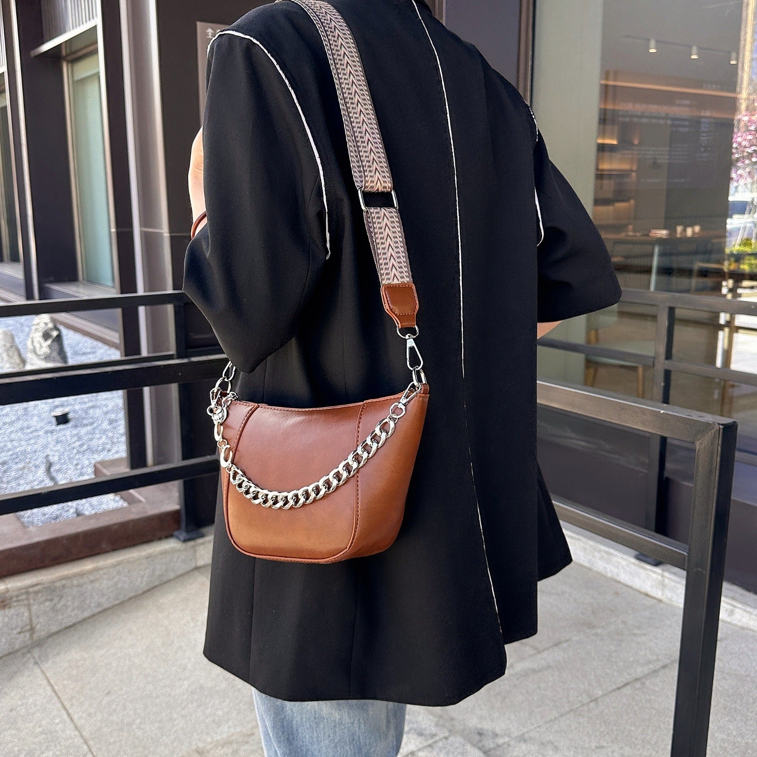 Gray PU Leather Chain Trim Crossbody Bag Sentient Beauty Fashions bags