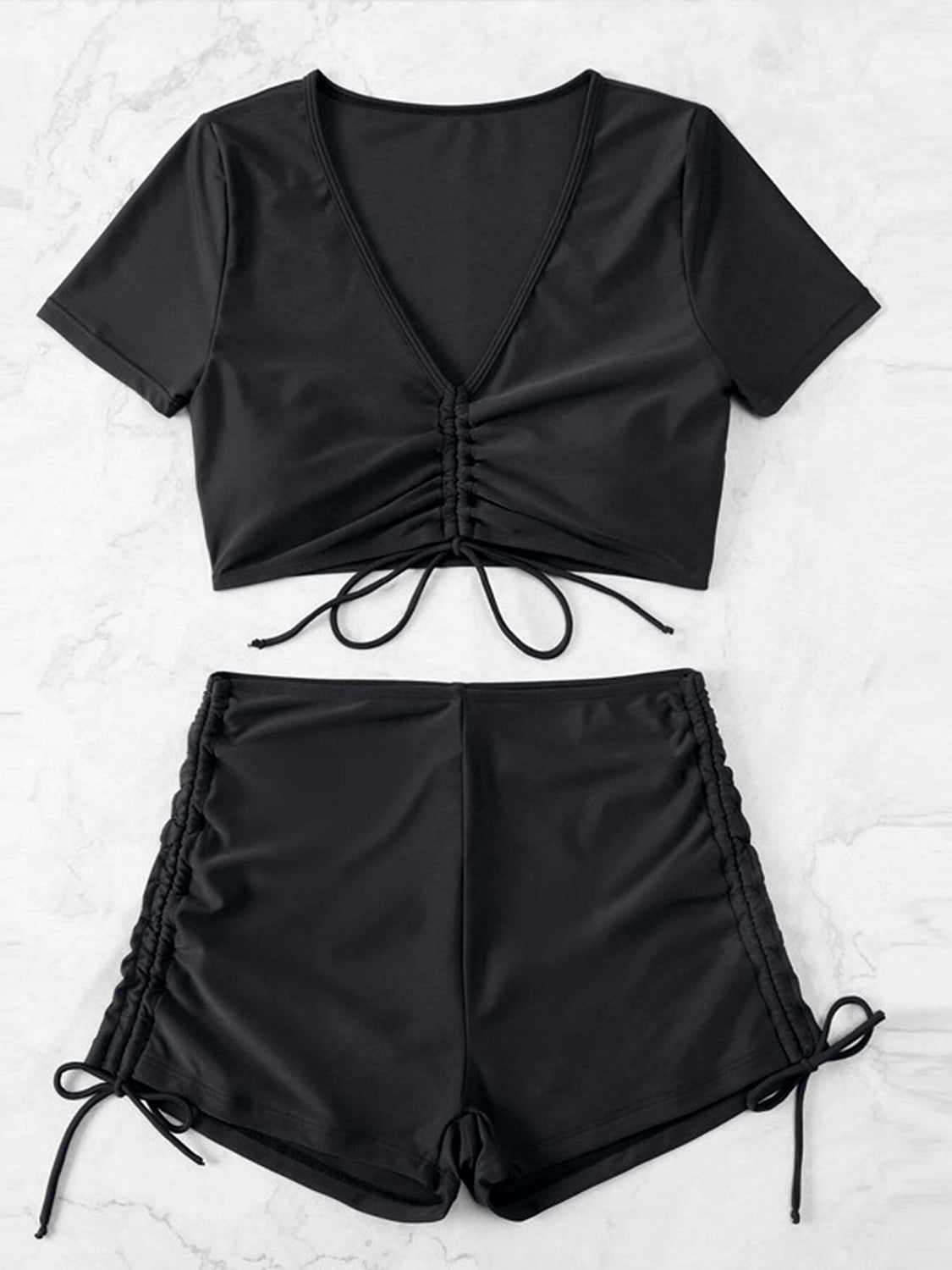 Dark Slate Gray Drawstring V-Neck Short Sleeve Two-Piece Swim Set Sentient Beauty Fashions swim