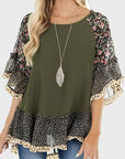 Light Gray Full Size Frill Printed Round Neck Half Sleeve Blouse