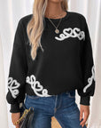 Perfee Heart Round Neck Long Sleeve Sweater