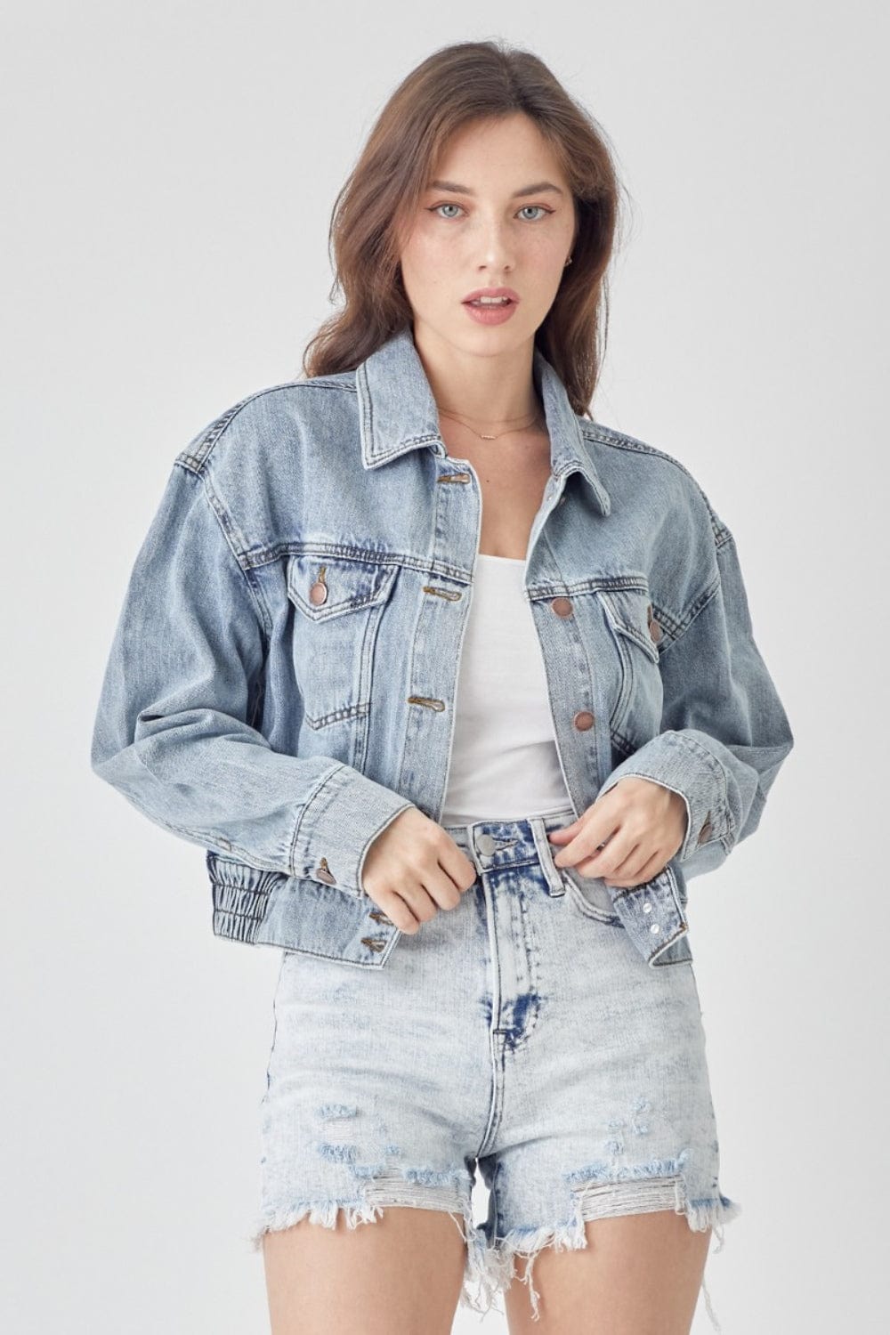 Light Gray RISEN Full Size Button Down Cropped Denim Jacket