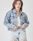 Light Gray RISEN Full Size Button Down Cropped Denim Jacket