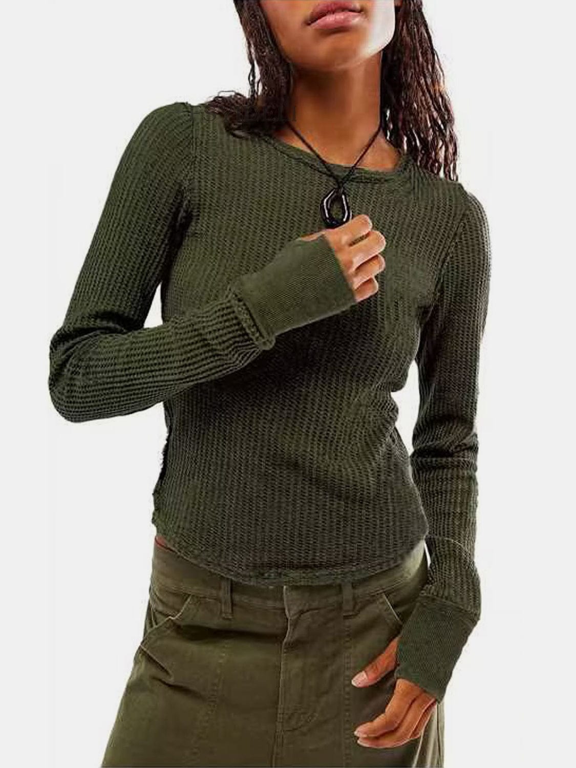 Dark Slate Gray Exposed Seam Round Neck Long Sleeve T-Shirt