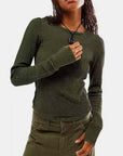 Dark Slate Gray Exposed Seam Round Neck Long Sleeve T-Shirt