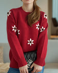 Flower Round Neck Raglan Sleeve Sweater