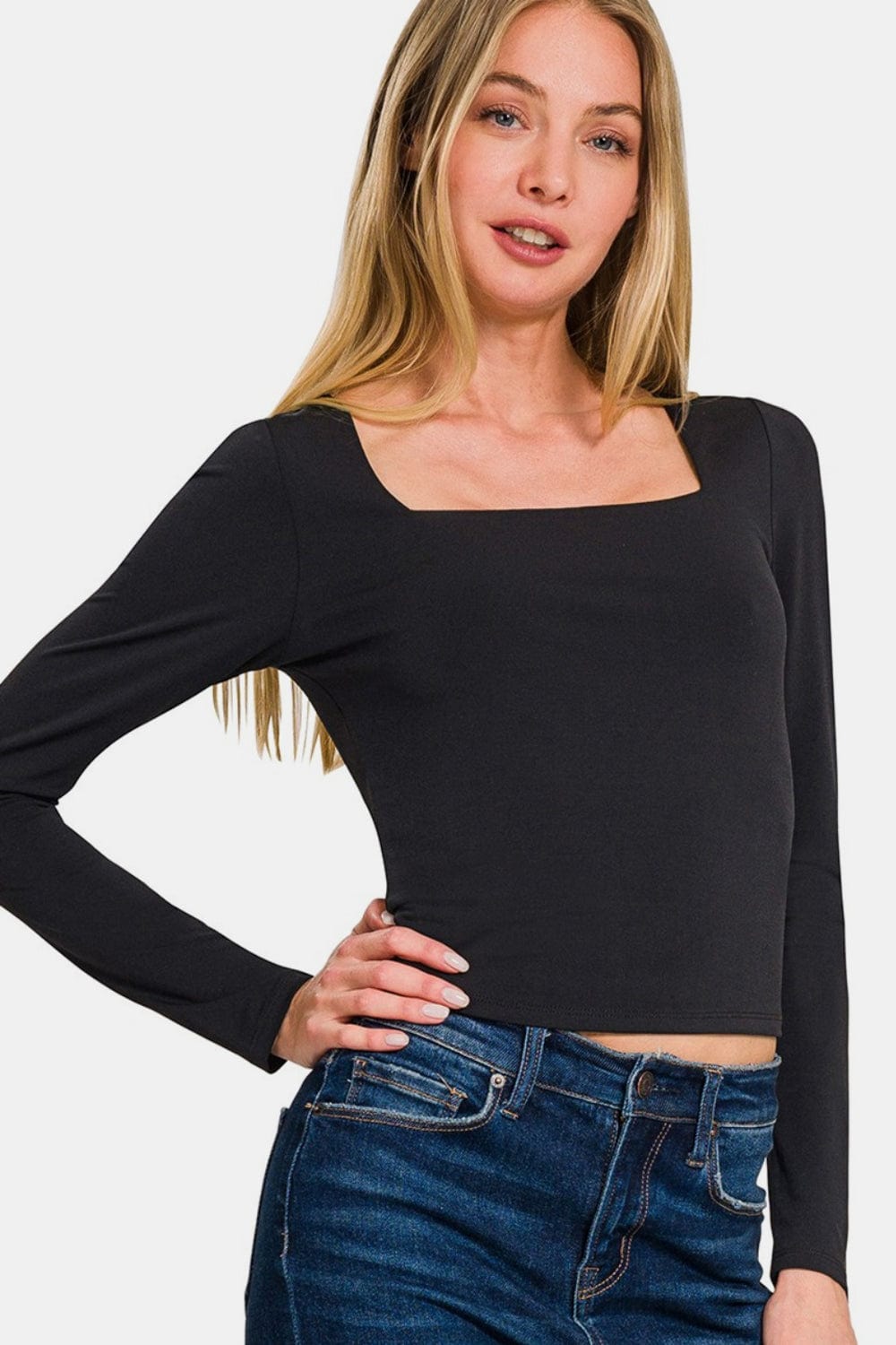 Misty Rose Zenana Square Neck Fitted Long Sleeve T-Shirt