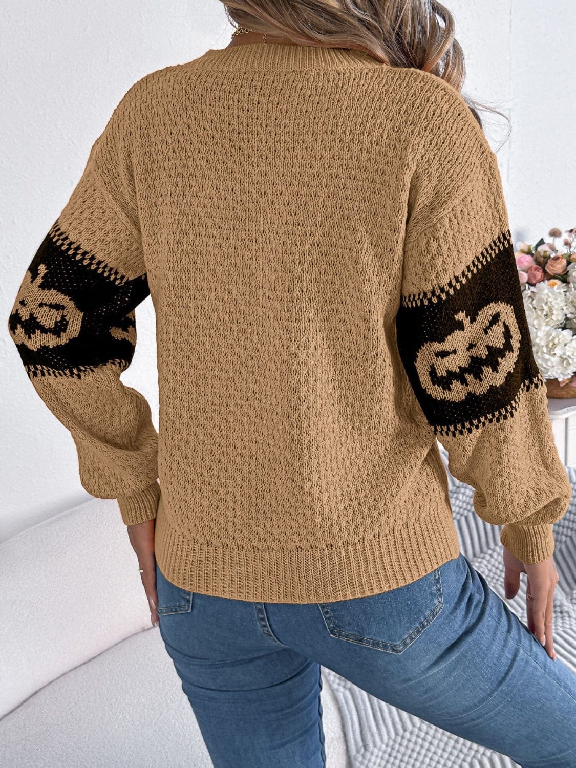 Pumpkin Round Neck Long Sleeve Sweater