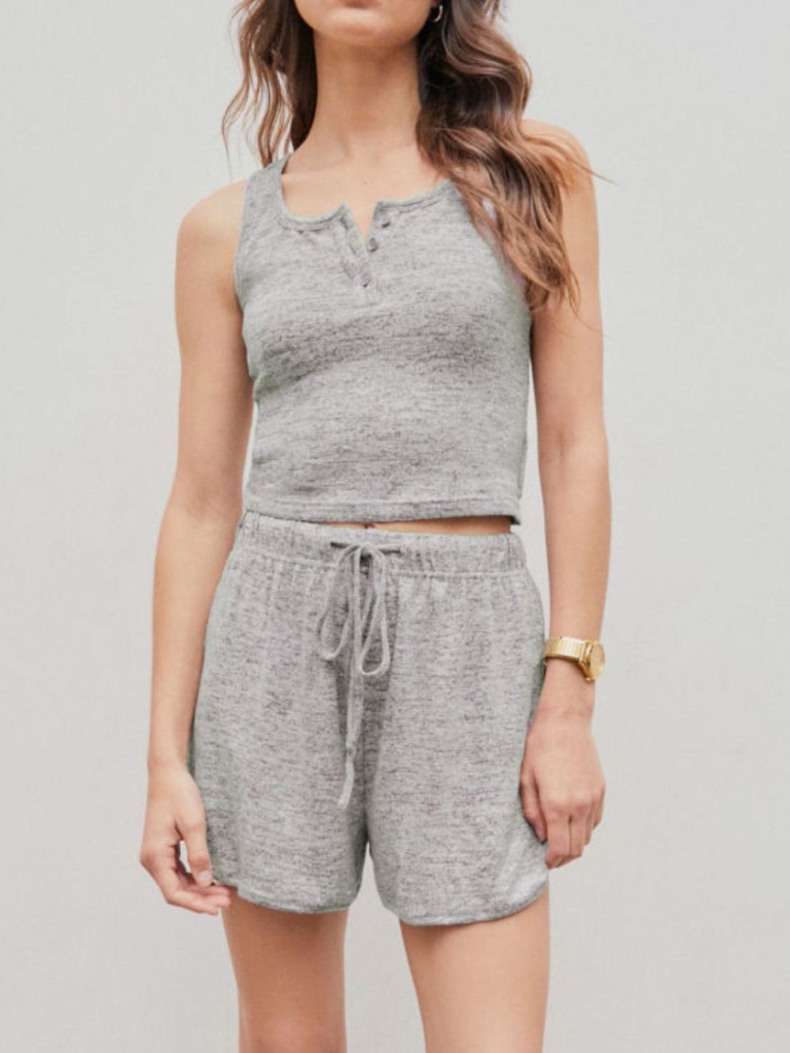 Gray Quarter Button Sleeveless Top and Drawstring Shorts Lounge Set Sentient Beauty Fashions Apparel &amp; Accessories