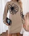 Perfee Flower Mock Neck Long Sleeve Sweater Dress