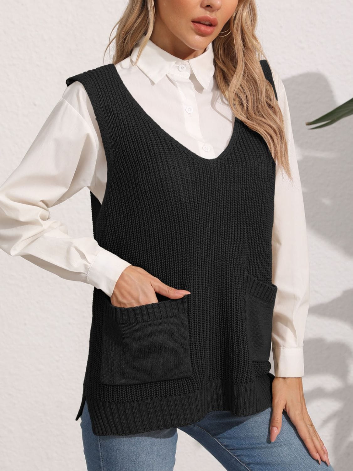 Dark Slate Gray Pocketed V-Neck Sweater Vest